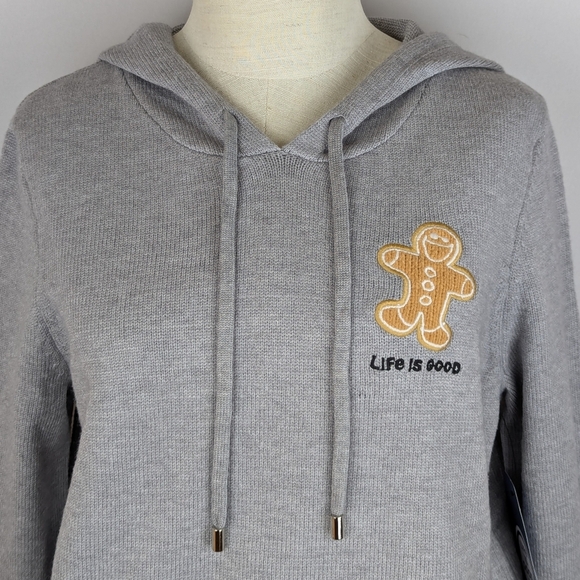 Life Is Good Sweater Hooded Knit Embroidered Gingerbread Man Grey M NWT - Picture 2 of 12